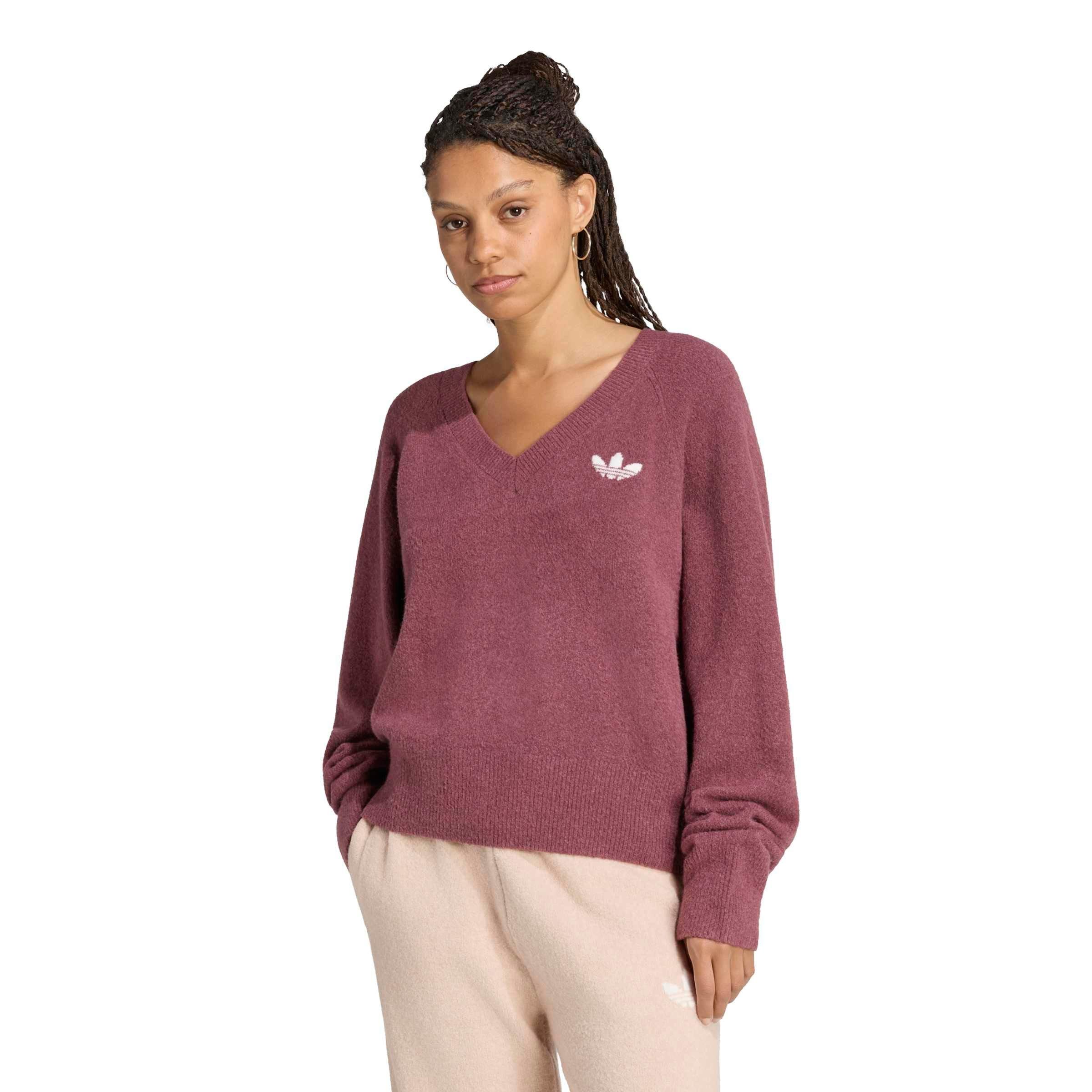 adidas Originals Women's Essentials Knit Long Sleeve V-Neck Sweater - Light Maroon - LIGHT MAROON